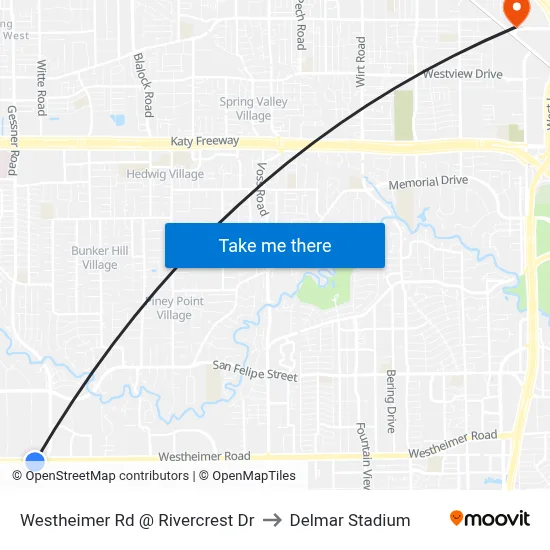 Westheimer Rd @ Rivercrest Dr to Delmar Stadium map