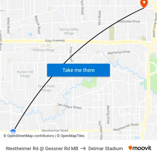 Westheimer Rd @ Gessner Rd MB to Delmar Stadium map