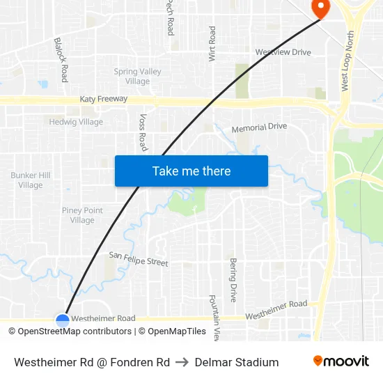 Westheimer Rd @ Fondren Rd to Delmar Stadium map