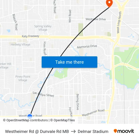 Westheimer Rd @ Dunvale Rd MB to Delmar Stadium map