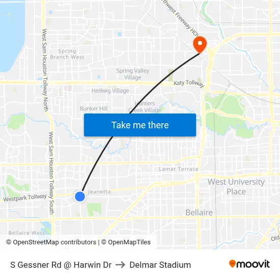 S Gessner Rd @ Harwin Dr to Delmar Stadium map