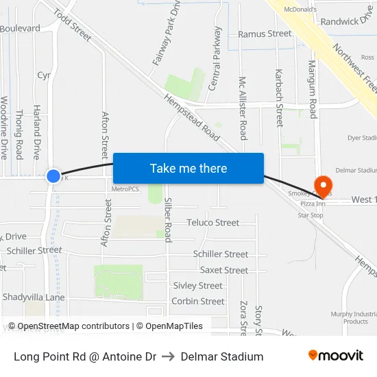 Long Point Rd @ Antoine Dr to Delmar Stadium map