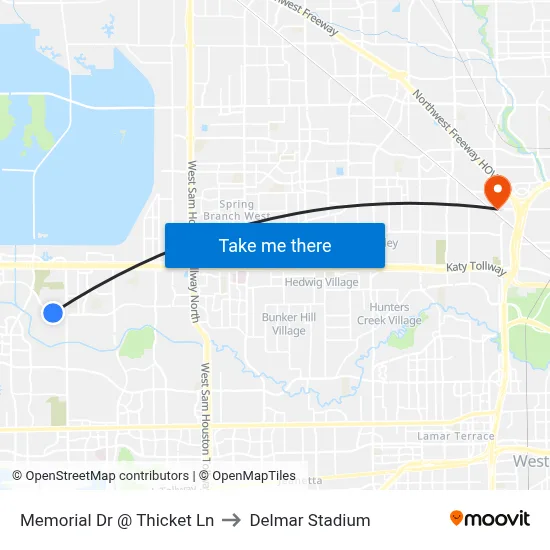 Memorial Dr @ Thicket Ln to Delmar Stadium map