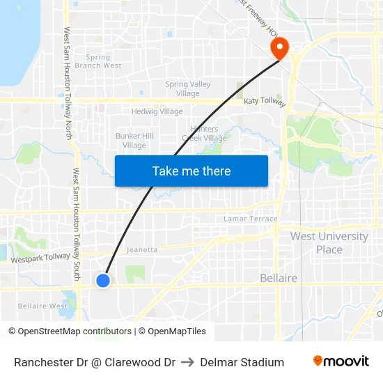 Ranchester Dr @ Clarewood Dr to Delmar Stadium map
