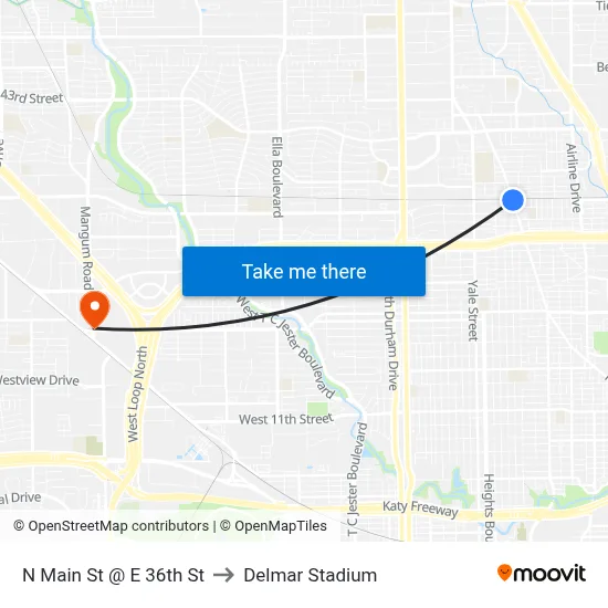 N Main St @ E 36th St to Delmar Stadium map