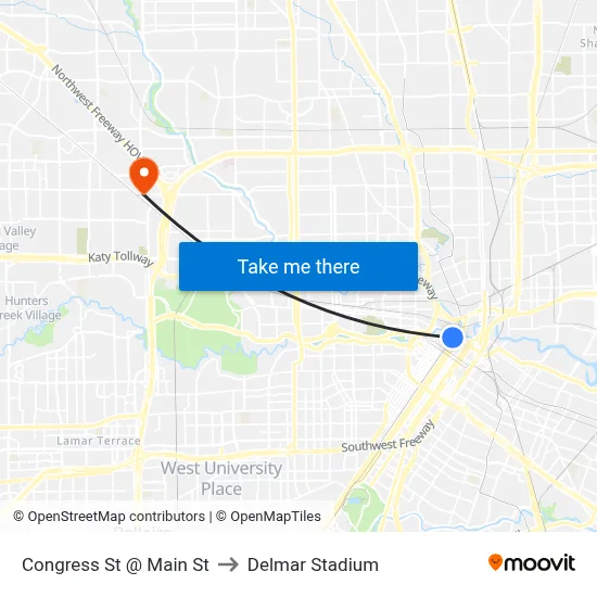 Congress St @ Main St to Delmar Stadium map