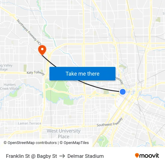 Franklin St @ Bagby St to Delmar Stadium map
