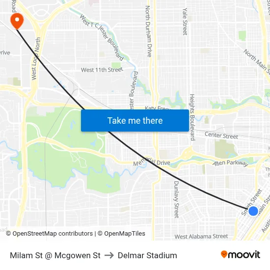 Milam St @ Mcgowen St to Delmar Stadium map