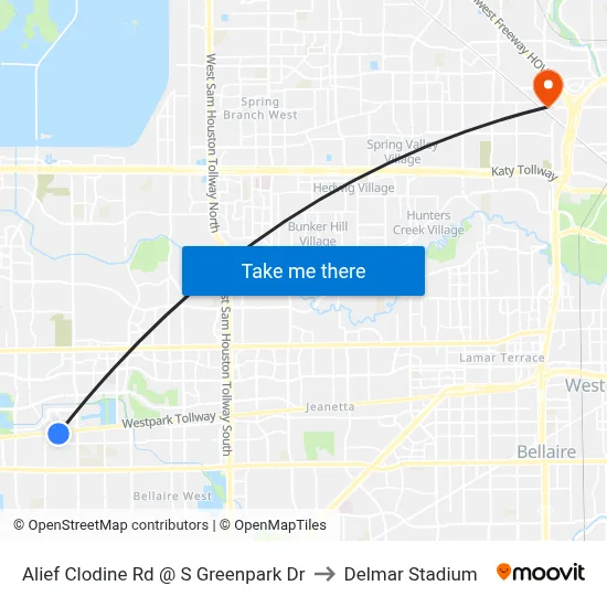 Alief Clodine Rd @ S Greenpark Dr to Delmar Stadium map
