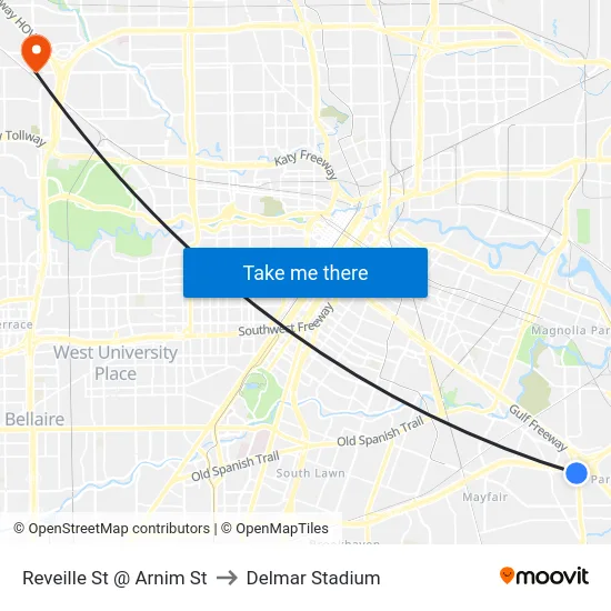 Reveille St @ Arnim St to Delmar Stadium map