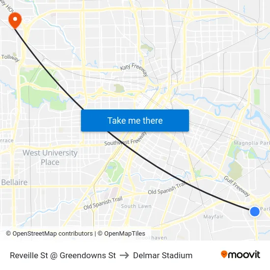 Reveille St @ Greendowns St to Delmar Stadium map