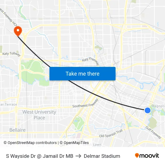 S Wayside Dr @ Jamail Dr MB to Delmar Stadium map