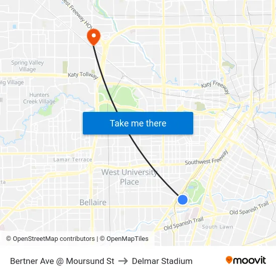 Bertner Ave @ Moursund St to Delmar Stadium map