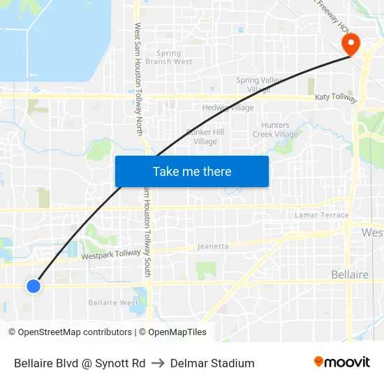 Bellaire Blvd @ Synott Rd to Delmar Stadium map
