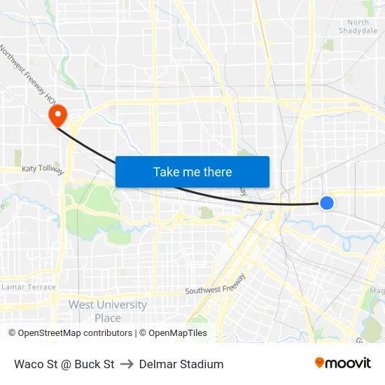 Waco St @ Buck St to Delmar Stadium map