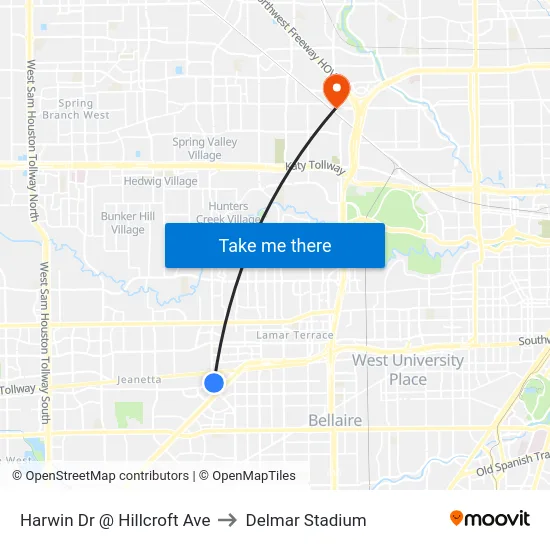 Harwin Dr @ Hillcroft Ave to Delmar Stadium map