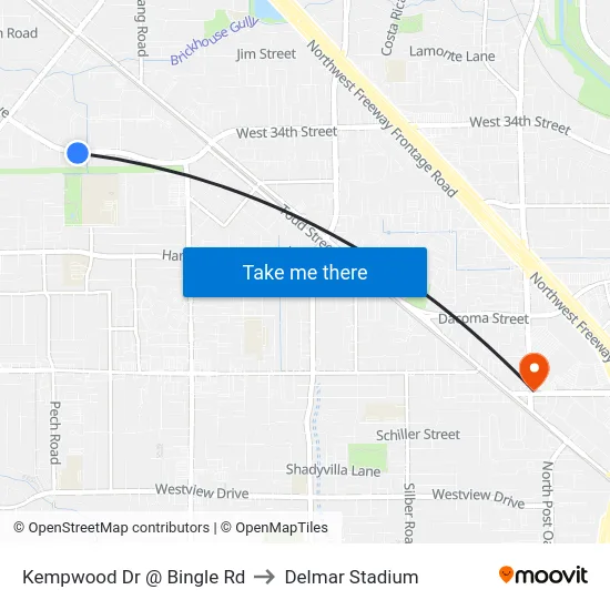 Kempwood Dr @ Bingle Rd to Delmar Stadium map