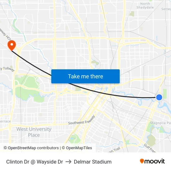 Clinton Dr @ Wayside Dr to Delmar Stadium map