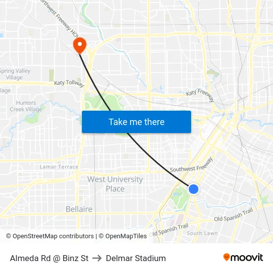 Almeda Rd @ Binz St to Delmar Stadium map