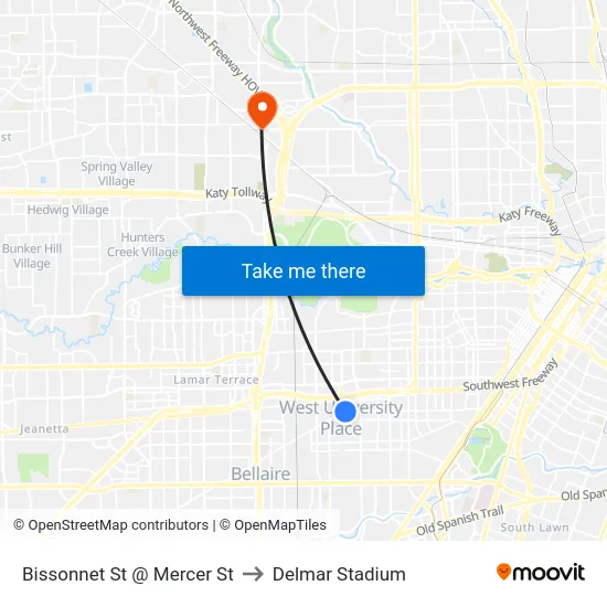 Bissonnet St @ Mercer St to Delmar Stadium map