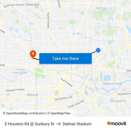 E Houston Rd @ Sunbury St to Delmar Stadium map