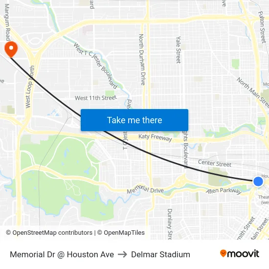 Memorial Dr @ Houston Ave to Delmar Stadium map