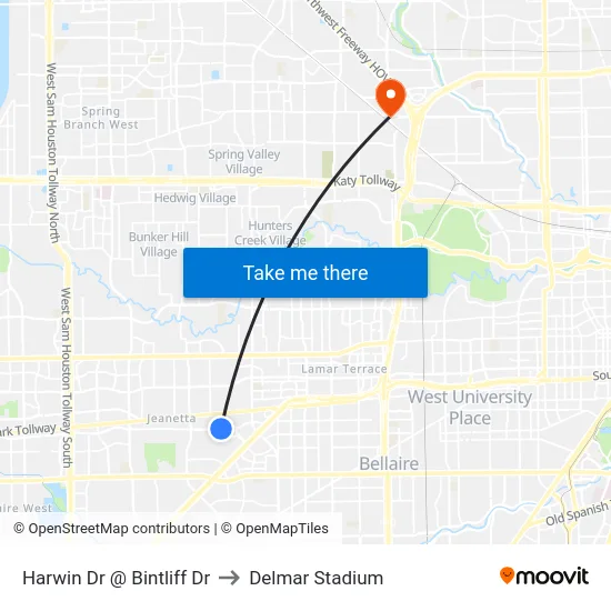 Harwin Dr @ Bintliff Dr to Delmar Stadium map