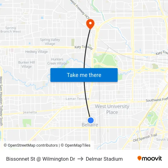 Bissonnet St @ Wilmington Dr to Delmar Stadium map