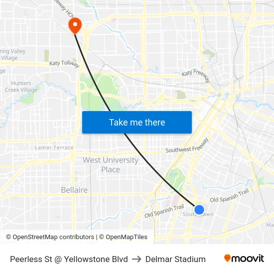 Peerless St @ Yellowstone Blvd to Delmar Stadium map