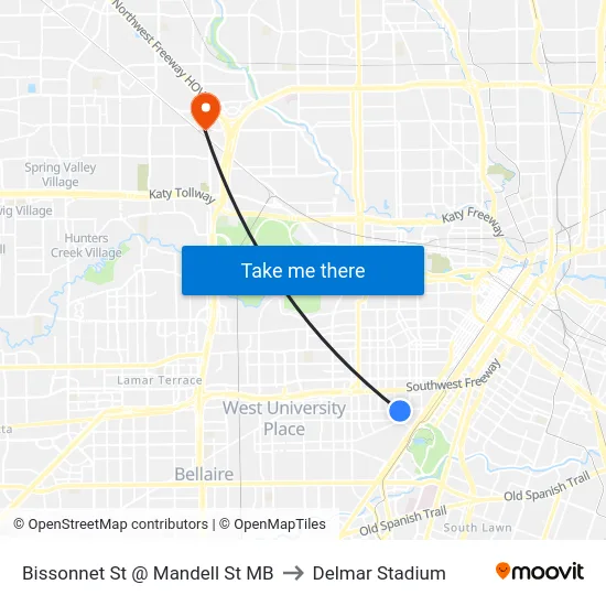 Bissonnet St @ Mandell St MB to Delmar Stadium map