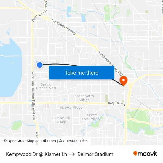 Kempwood Dr @ Kismet Ln to Delmar Stadium map
