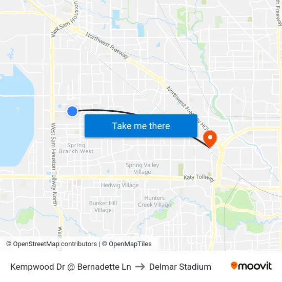 Kempwood Dr @ Bernadette Ln to Delmar Stadium map