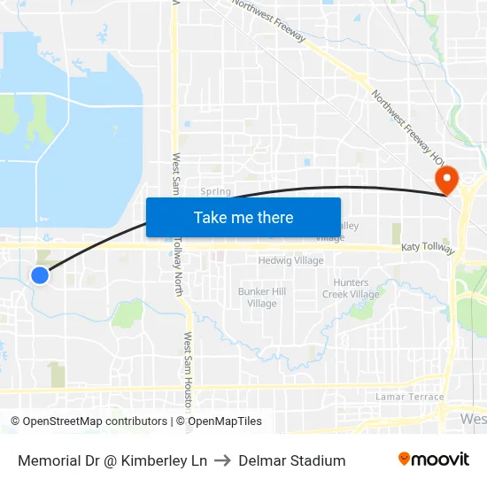 Memorial Dr @ Kimberley Ln to Delmar Stadium map