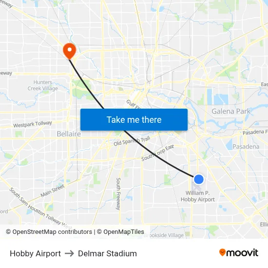 Hobby Airport to Delmar Stadium map