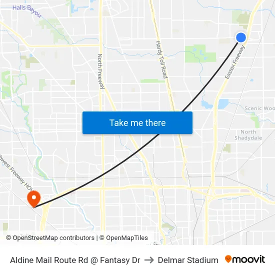Aldine Mail Route Rd @ Fantasy Dr to Delmar Stadium map