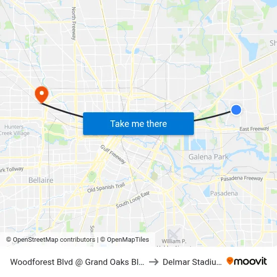 Woodforest Blvd @ Grand Oaks Blvd to Delmar Stadium map