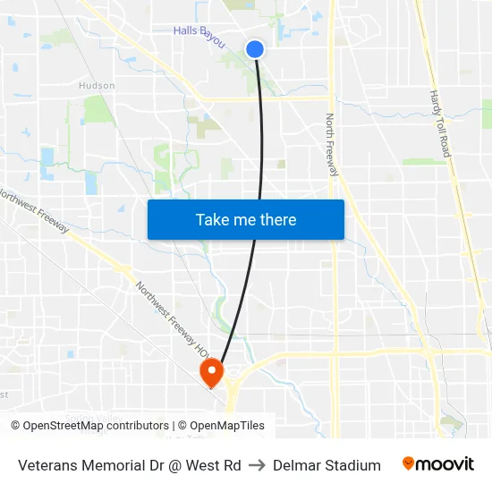 Veterans Memorial Dr @ West Rd to Delmar Stadium map