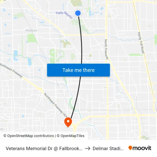 Veterans Memorial Dr @ Fallbrook Dr to Delmar Stadium map