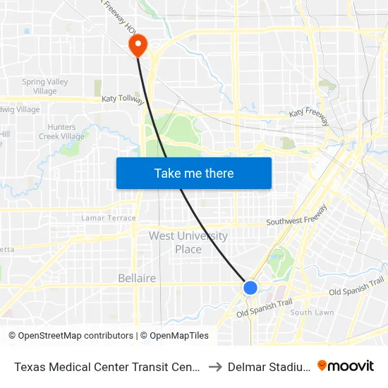 Texas Medical Center Transit Center to Delmar Stadium map