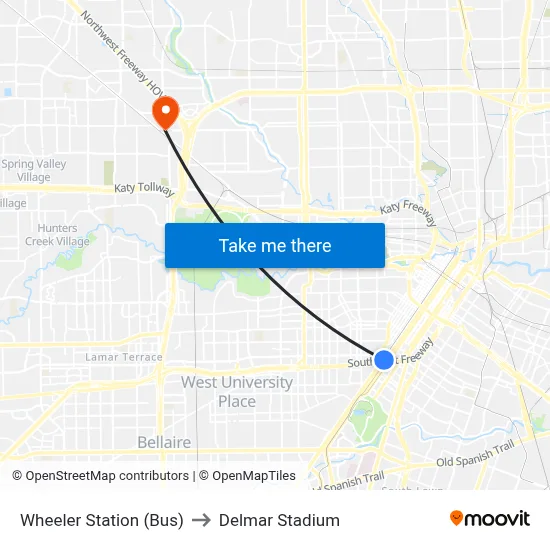 Wheeler Station (Bus) to Delmar Stadium map