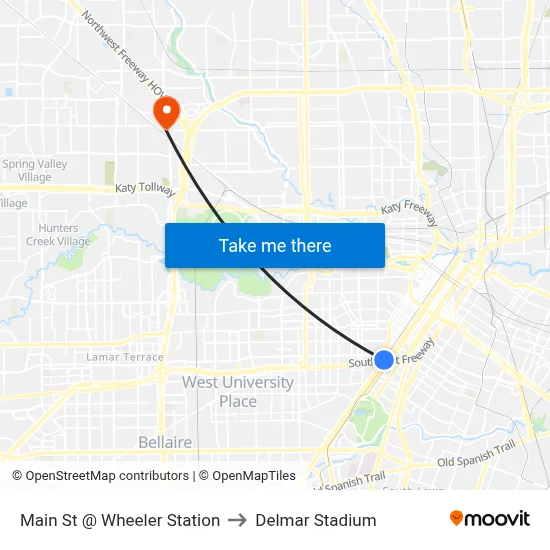 Main St @ Wheeler Station to Delmar Stadium map