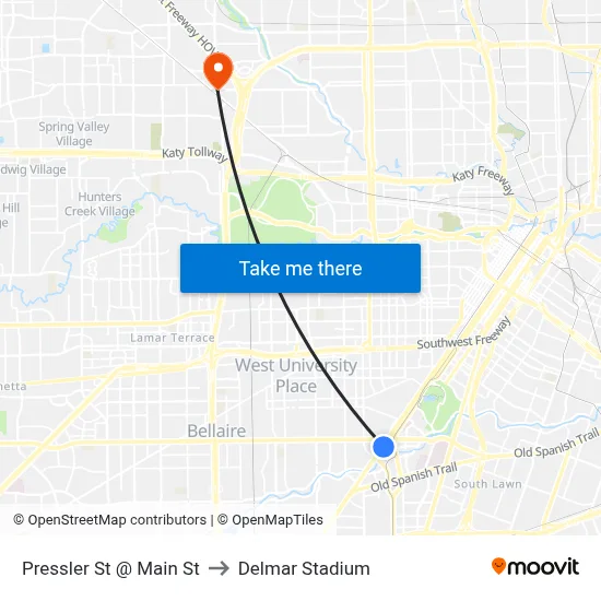 Pressler St @ Main St to Delmar Stadium map