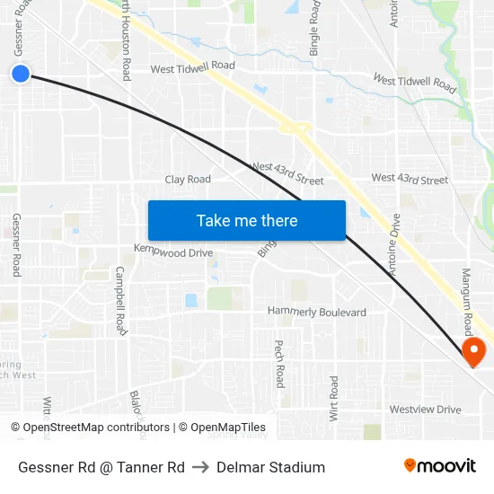 Gessner Rd @ Tanner Rd to Delmar Stadium map