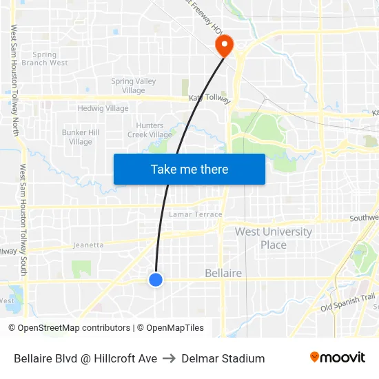 Bellaire Blvd @ Hillcroft Ave to Delmar Stadium map