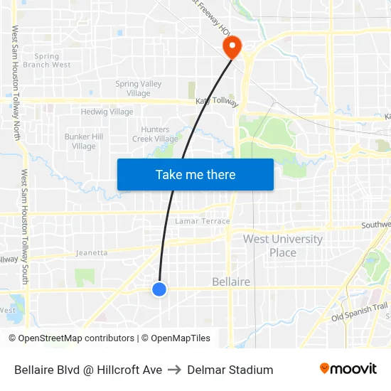 Bellaire Blvd @ Hillcroft Ave to Delmar Stadium map