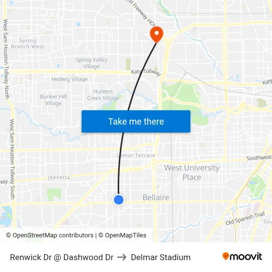 Renwick Dr @ Dashwood Dr to Delmar Stadium map