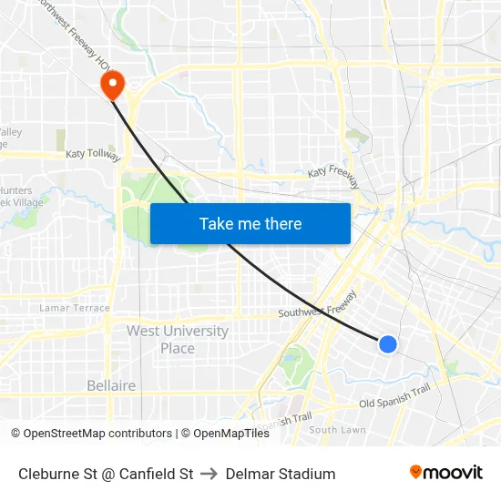 Cleburne St @ Canfield St to Delmar Stadium map