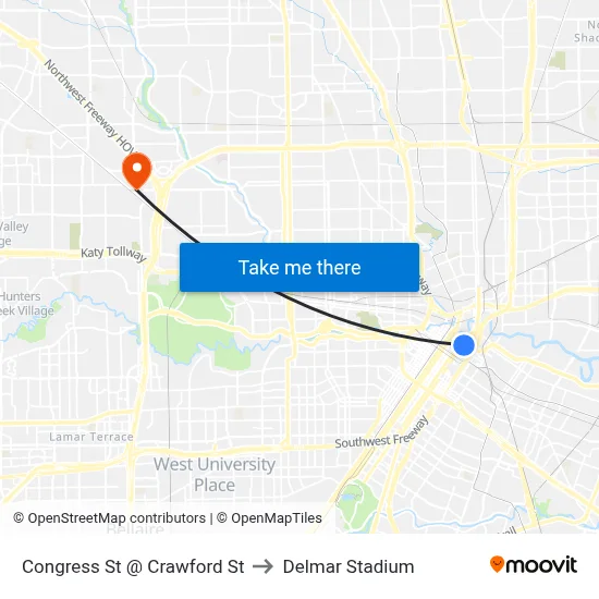 Congress St @ Crawford St to Delmar Stadium map