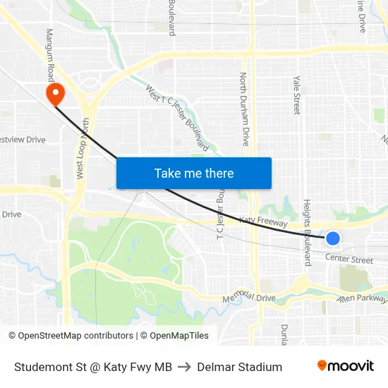 Studemont St @ Katy Fwy MB to Delmar Stadium map