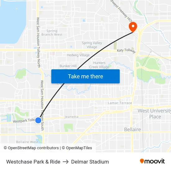 Westchase Park & Ride to Delmar Stadium map